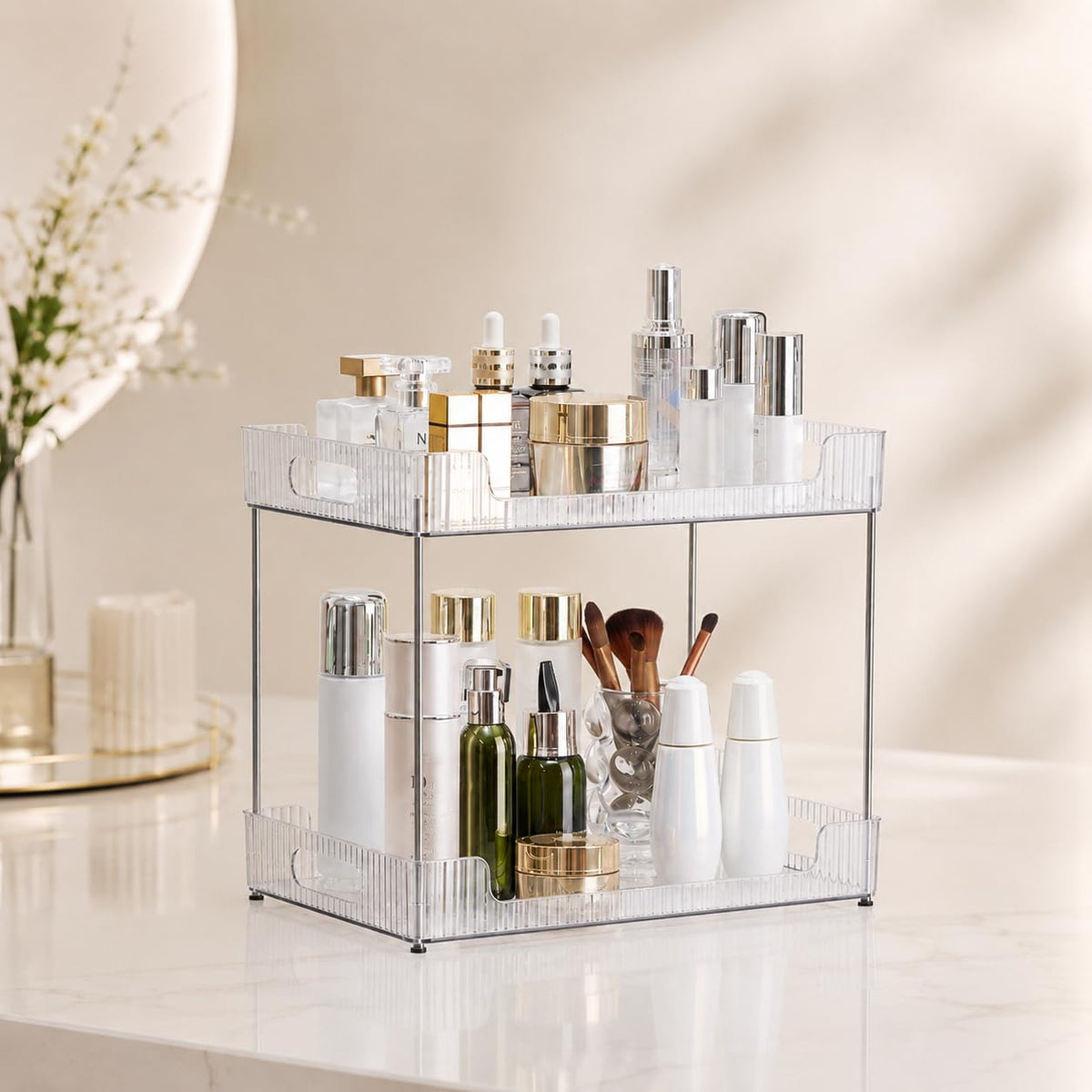 Goderewild 3 Tier Bathroom Counter Organizer, Multi-Purpose Cosmetics Skincare Shelf, Fits A4 Size Makeup Organizer for Office and Vanity Tray, Countertop Storage Solution for Kitchen,Bath.(Clear)