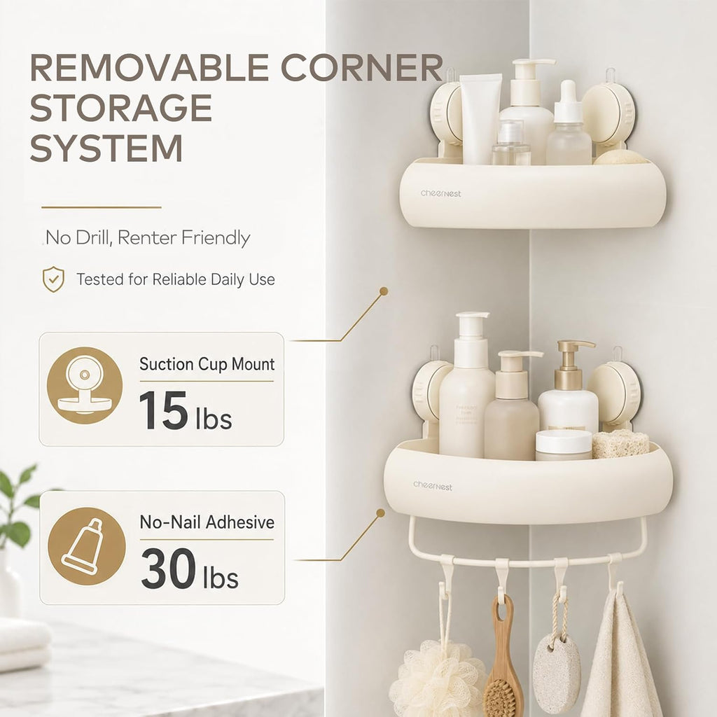 Corner Shower Caddy Suction Cup, Removable Bath Organizer Shelf