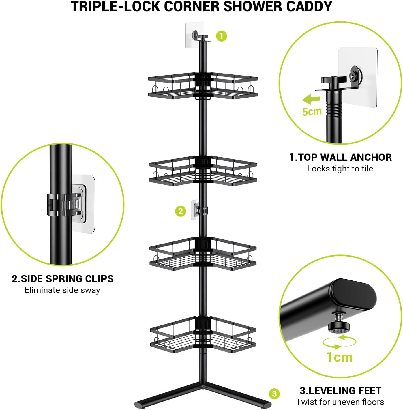 Standing Corner Shower Caddy - 4-Tier Rustproof Adjustable Shower Shelves