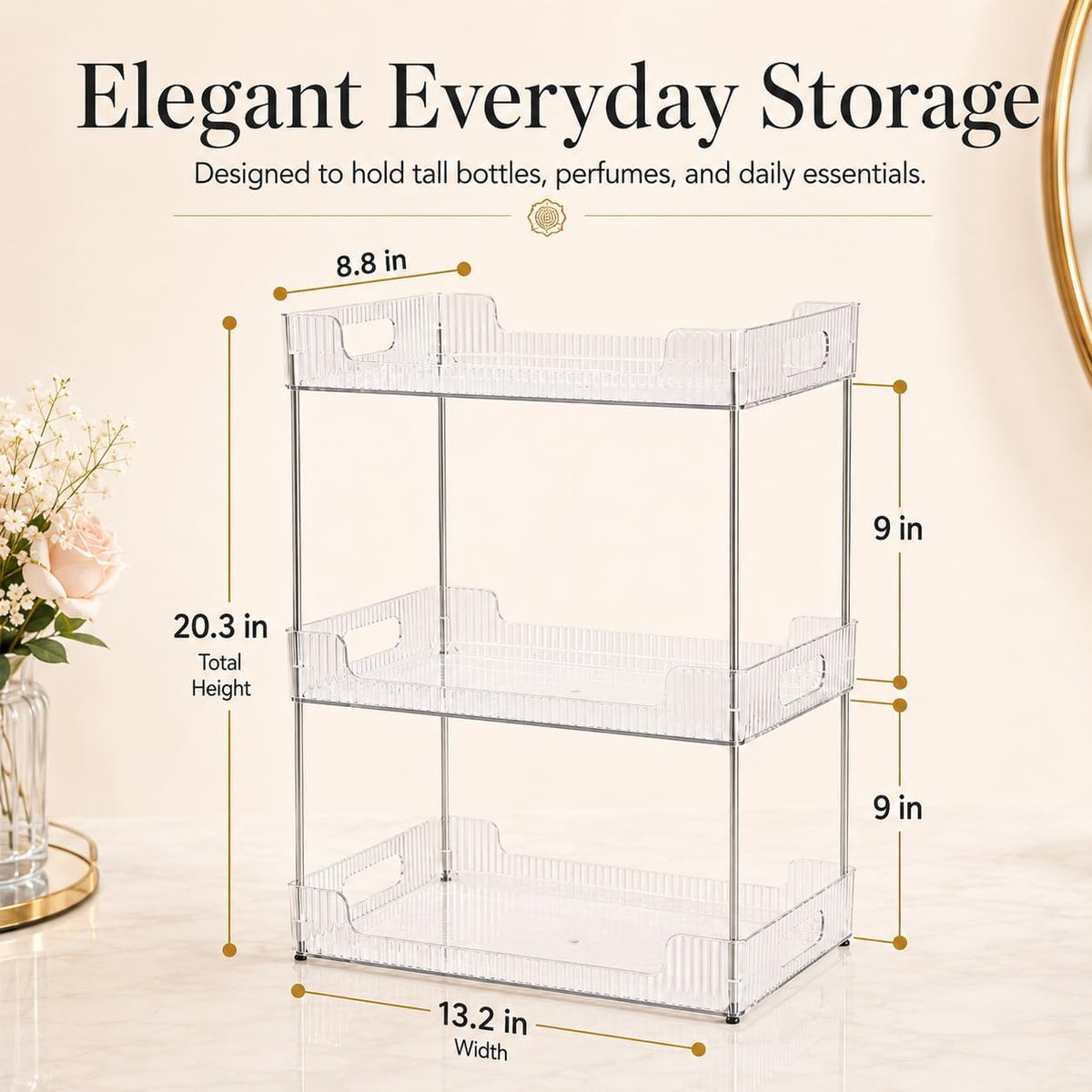 Goderewild 3 Tier Bathroom Counter Organizer, Multi-Purpose Cosmetics Skincare Shelf, Fits A4 Size Makeup Organizer for Office and Vanity Tray, Countertop Storage Solution for Kitchen,Bath.(Clear)