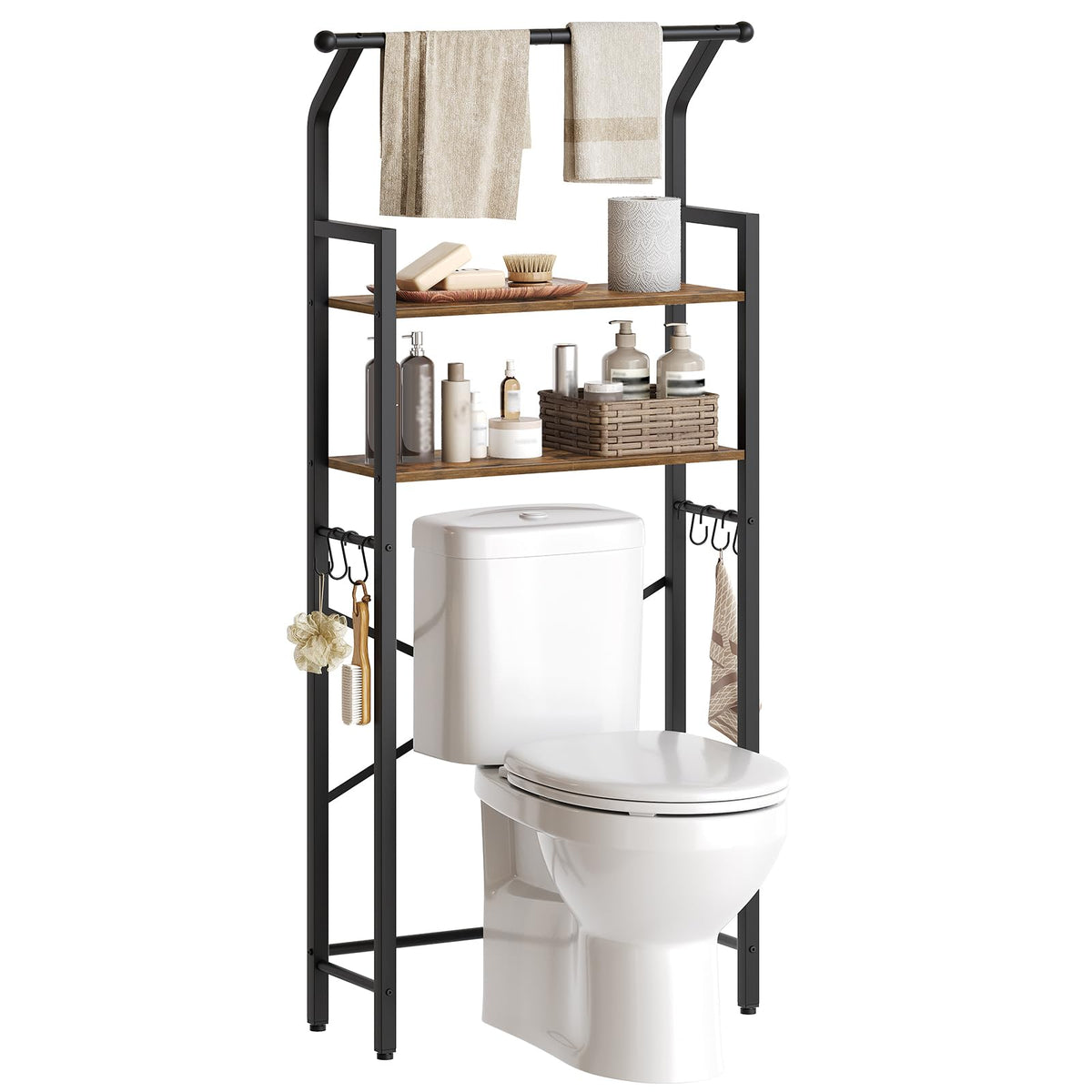 YATINEY 2-Tier Over The Toilet Storage, Multifunctional Vertical Over Toilet Bathroom Organizer, Freestanding Bathroom Storage Shelves with Hooks, Bathroom Organizer, Rustic Brown and Black TR01WT