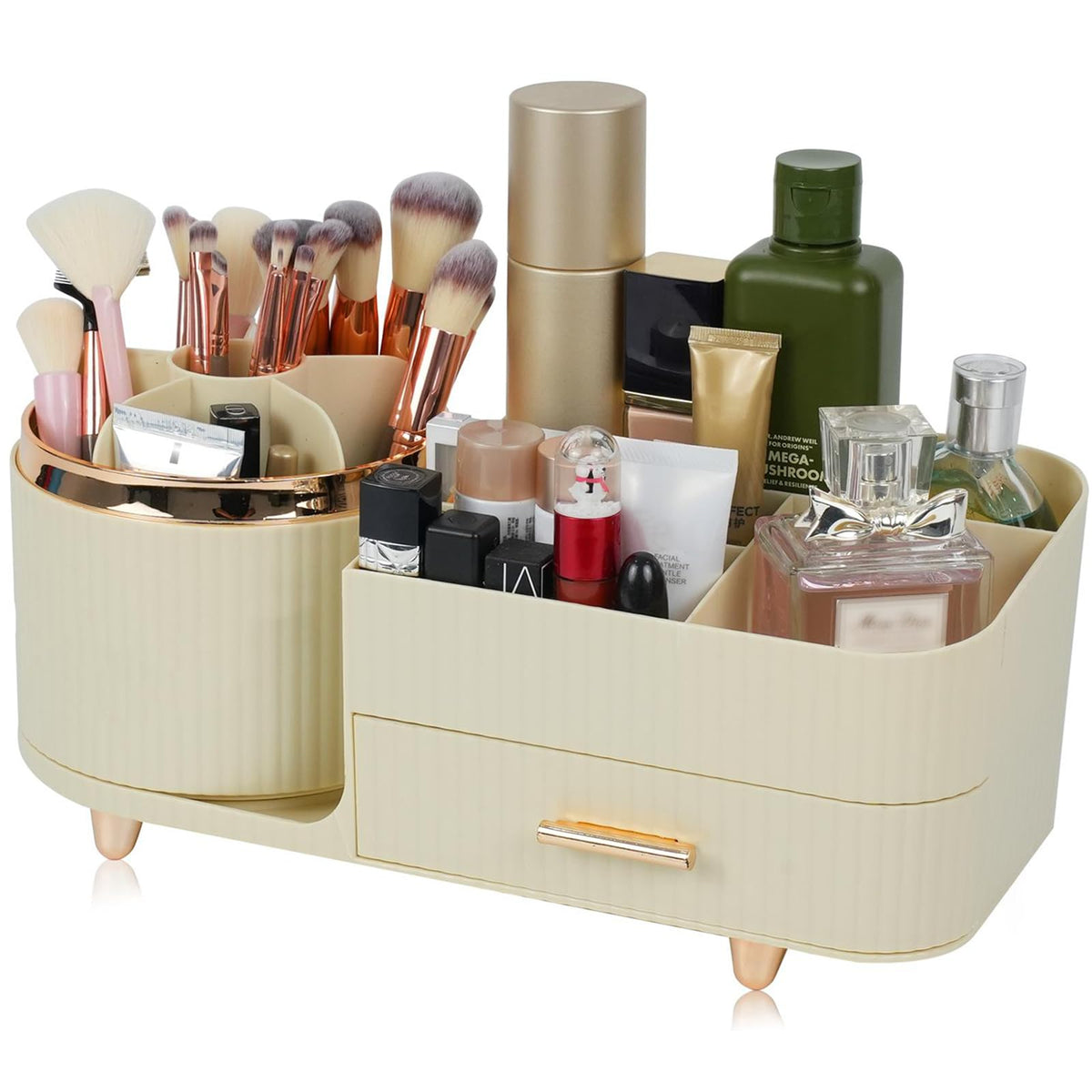 Makeup Organizer Countertop with Drawer 360 Rotating Brush Holder Storage Large Capacity Skincare Cosmetic Display Cases for Vanity Bathroom Desktop, Model 3016 White