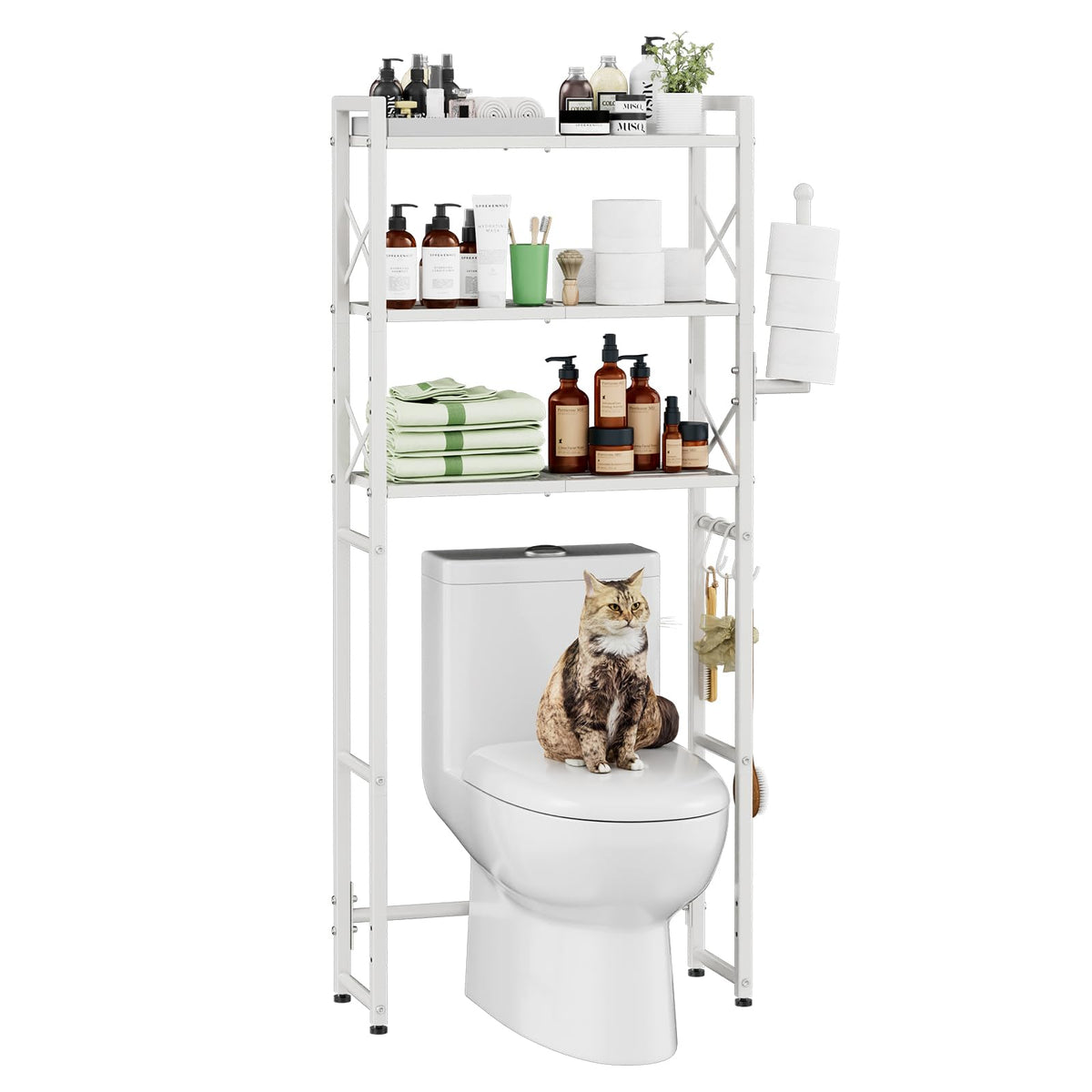 Simple Trending Over The Toilet Storage Cabinet, Metal Bathroom Shelf Organizer with Paper Holder and Hooks, 3 Tier, Black
