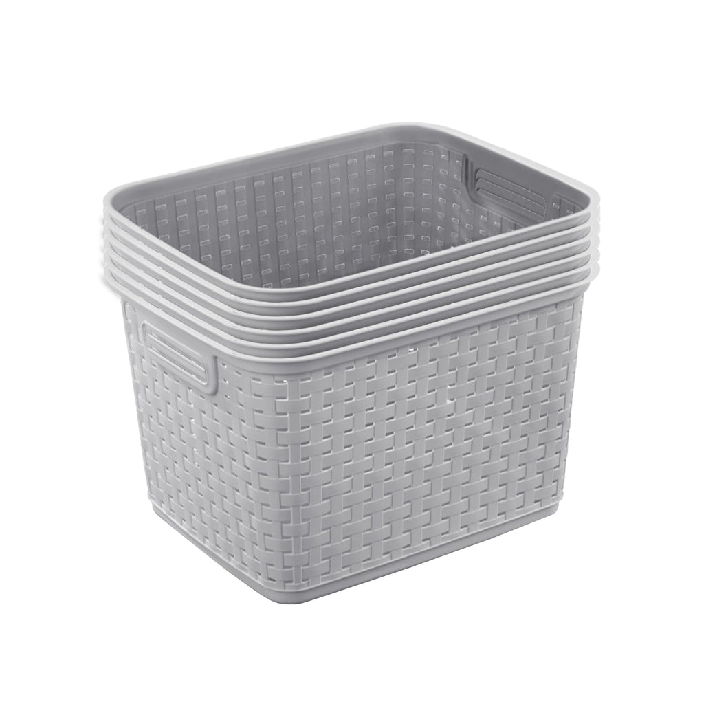 Sterilite Tall Weave Basket, Rectangular Plastic Décor Bin, Gray, 6 Pack