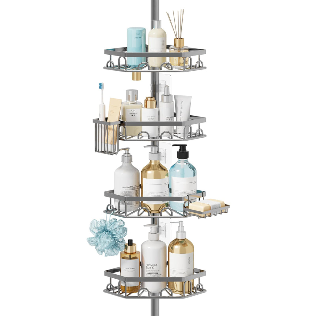 Consumest Shower Caddy Tension Pole - 4 Tier Corner Shower Shelves with Brush & Soap Holder, 304 Stainless Steel Rustproof Adjustable Organizer Rack for Bathtub, Bathroom, 27.6-108.3 Inch, White