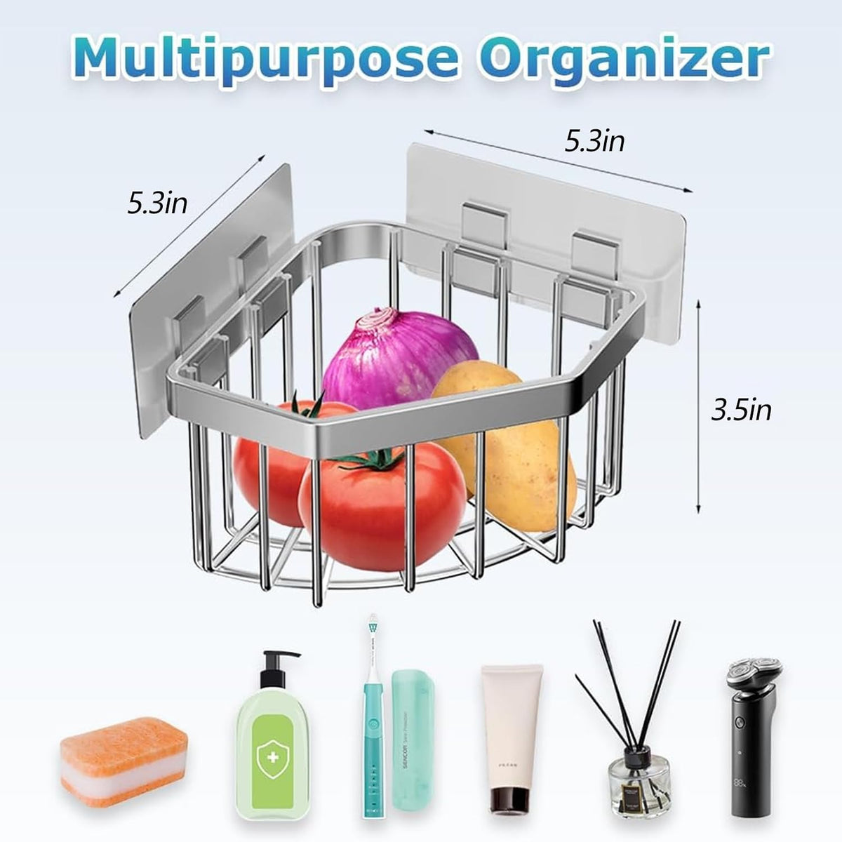 Anjing Kitchen Sink Caddy Corner Sponge Holder Organizer, Stainless Steel Adhesive with 4 Hooks