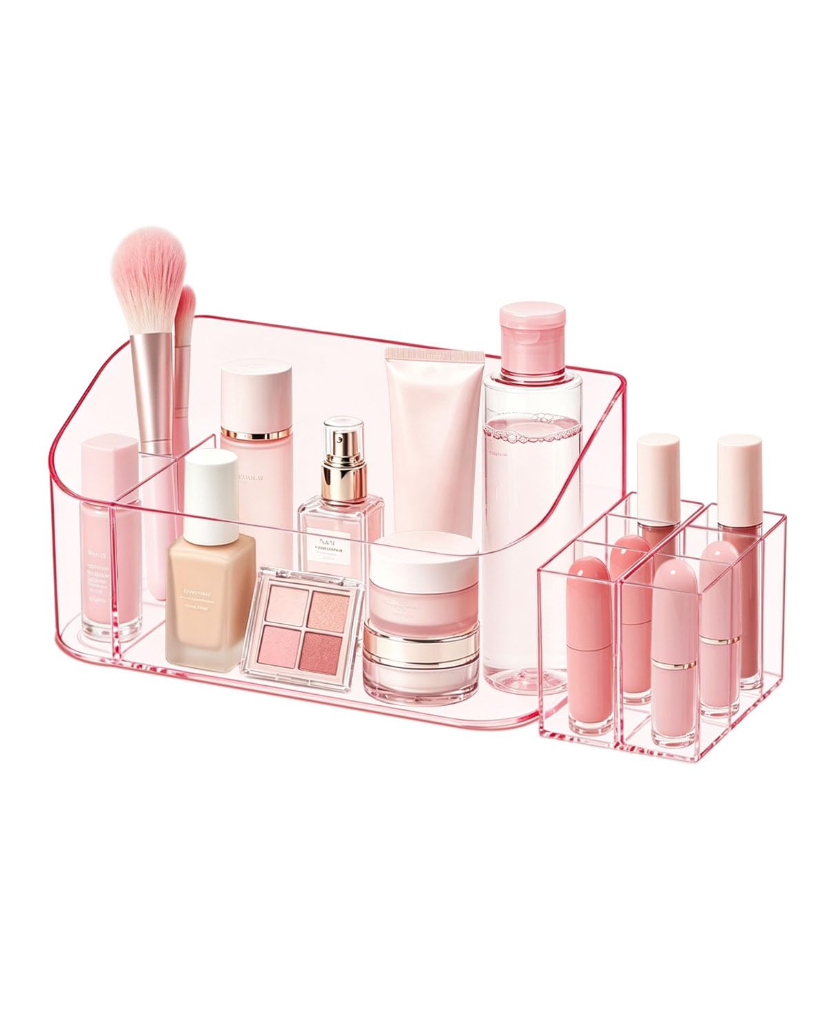 Makeup Tray Holder Organizer Cosmetic Display Case Tabletop Desktop Vanity Countertop Bathroom Wall Cabinet Medicine Storage Box 9 Dividers 2 Removable Women Ladies Girls Gifts Crystal Pink 1 PACK