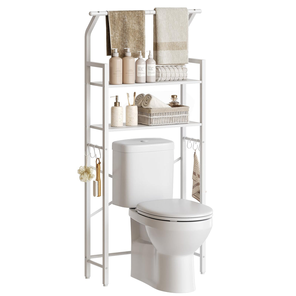 YATINEY 2-Tier Over The Toilet Storage, Multifunctional Vertical Over Toilet Bathroom Organizer, Freestanding Bathroom Storage Shelves with Hooks, Bathroom Organizer, Rustic Brown and Black TR01WT