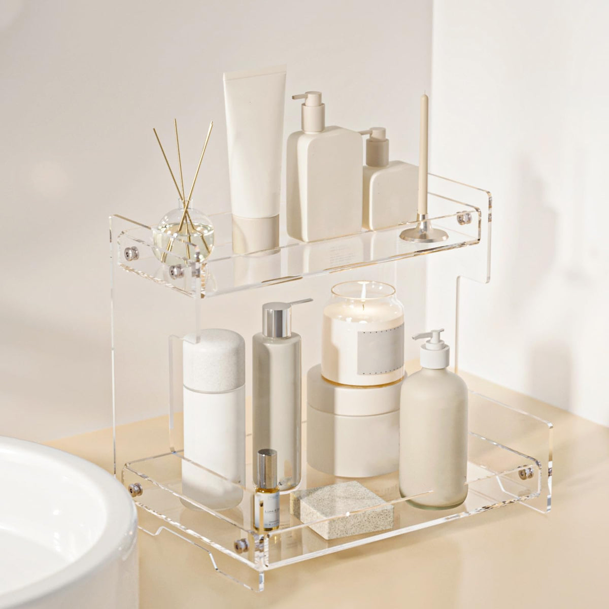 Bathroom Counter Organizer Countertop 2 Tier Storage Acrylic Corner Makeup Organizer for Perfume Stand, Vanity Holder, Dresser Tray, Spice Rack, Skincare, Coffee Bar, Room Decor (Clear)
