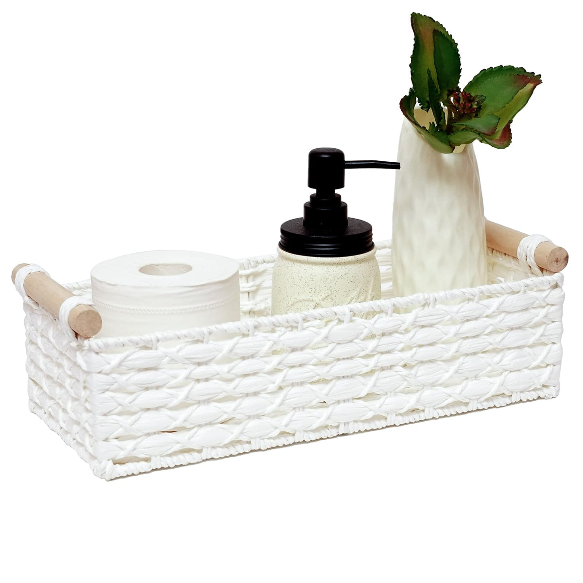 Round Paper Rope Storage Basket Wicker Baskets for Organizing with Handle Decorative Storage Bins for Countertop Toilet Paper Basket for Toilet Tank Top Small Baskets Set,Green