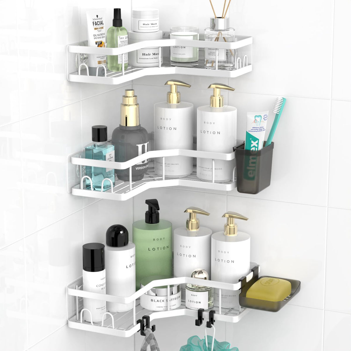 AKTECKE Corner Shower Caddy, 2 Pack Adhesive Shower Corner Organizer Shelves, No Drilling Stainless Steel Shower Storage Rack with Hooks&Toothpaste Holder for Bathroom Kitchen （for 90° Corners Only）