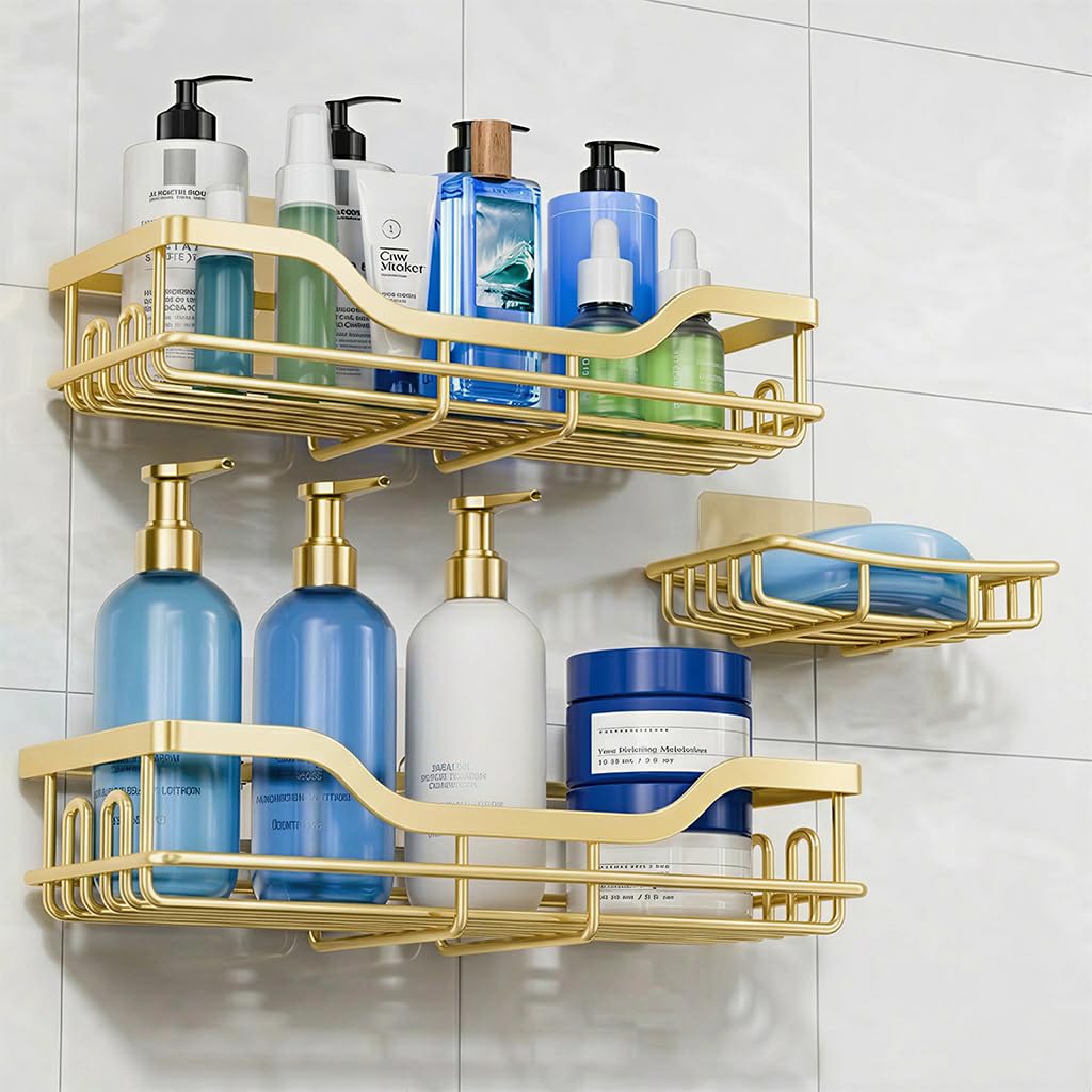 OMAIRA 3-Pack Shower Caddy with Soap Holder, Adhesive Rustproof No-drill Strudy Loading Inside Shower Organizer Shelves Rack Storage Bathroom Organization for Smooth Wall Glass Tile, Black (X-Large)