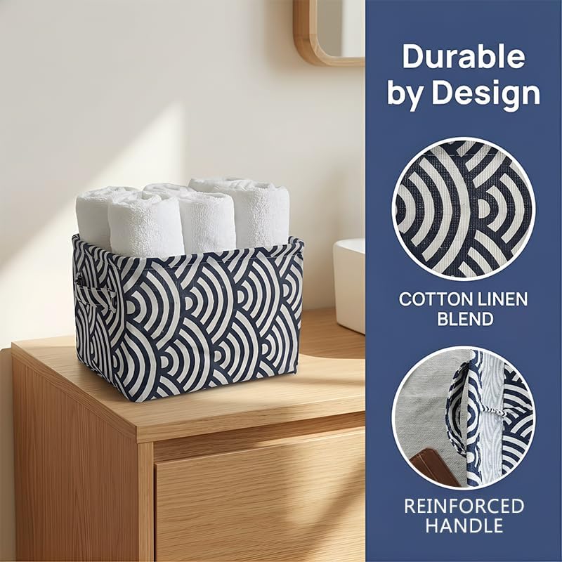 Foldable Linen Storage Basket with Handles, Mini Gift Basket, Cute Rectangular Bin, Canvas Containers for Home Decor, 7.8"×6.3"×5.1", Black