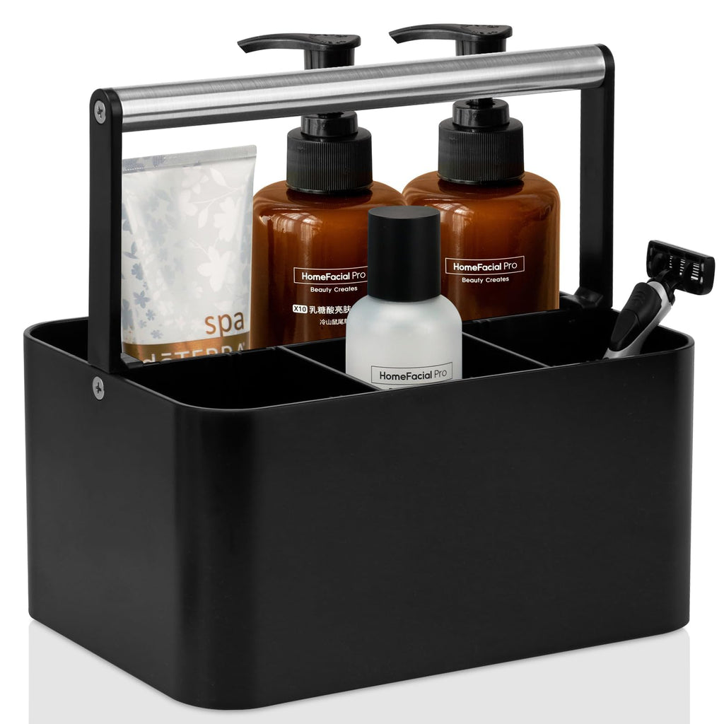 BYUNER Portable Shower Caddy Dorm: Bathroom Caddy Organizer with Handle and Adjustable Dividers,Plastic Shower Basket for Toiletry,Makeup,Vanity,Shower Storage Tote for College, Cleaning Caddy, Black