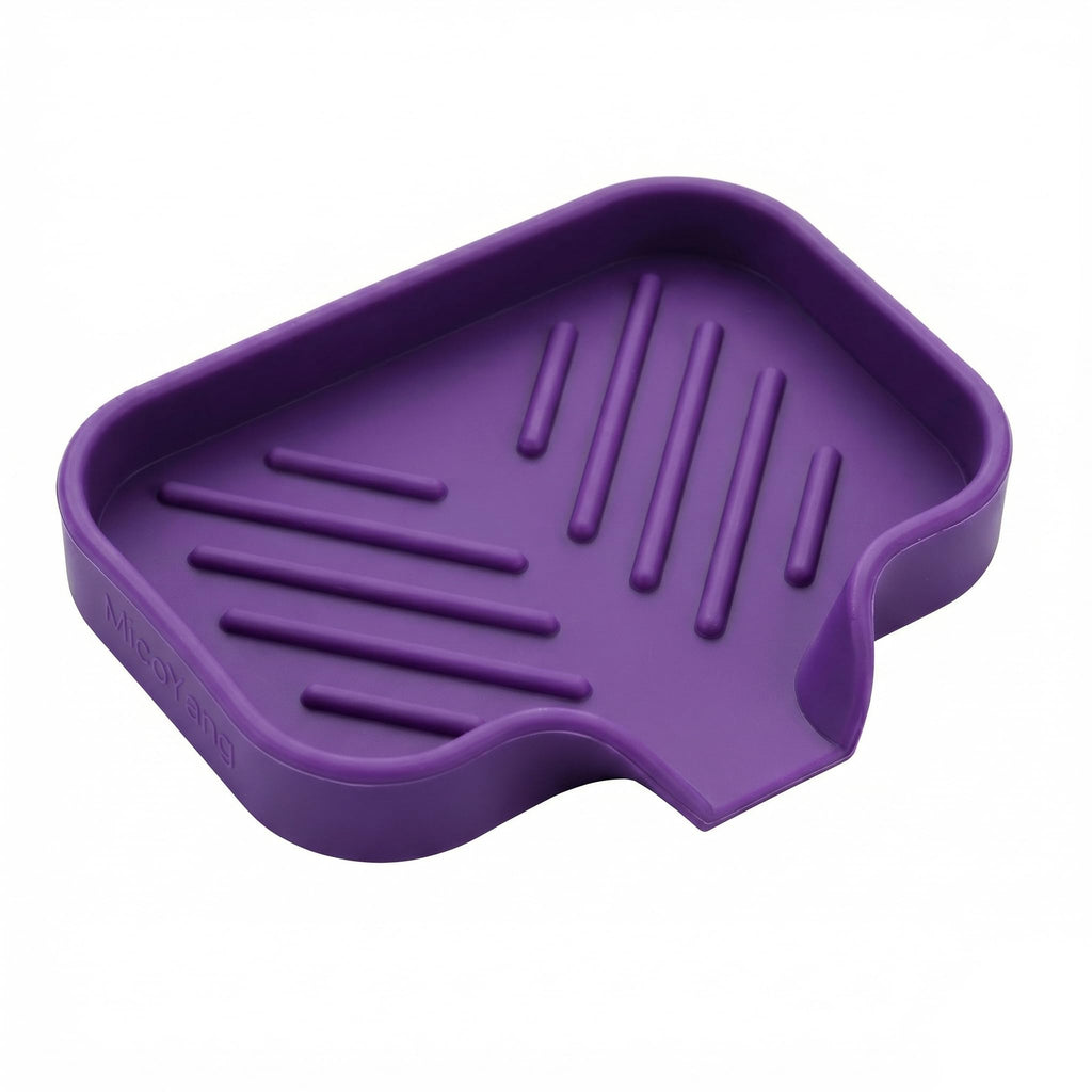 MicoYang Silicone Soap Dish with Drain Spout, Self-Draining Sink Organizer Tray for Bathroom and Kitchen, Sponges, Dispensers and Soap Holder, Non-Slip and Dishwasher Safe, Black (Compact, 4.9"×3.2")