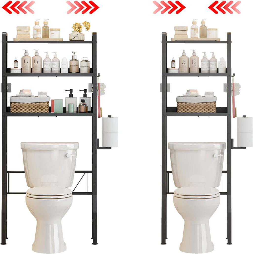 Over the Toilet Storage Shelf 3-Tier Adjustable Bathroom Organizers and Storage Shelves Bathroom Rack Above Toilet Storage with Paper Holder and 4 Hooks Space Saver Storage for Laundry