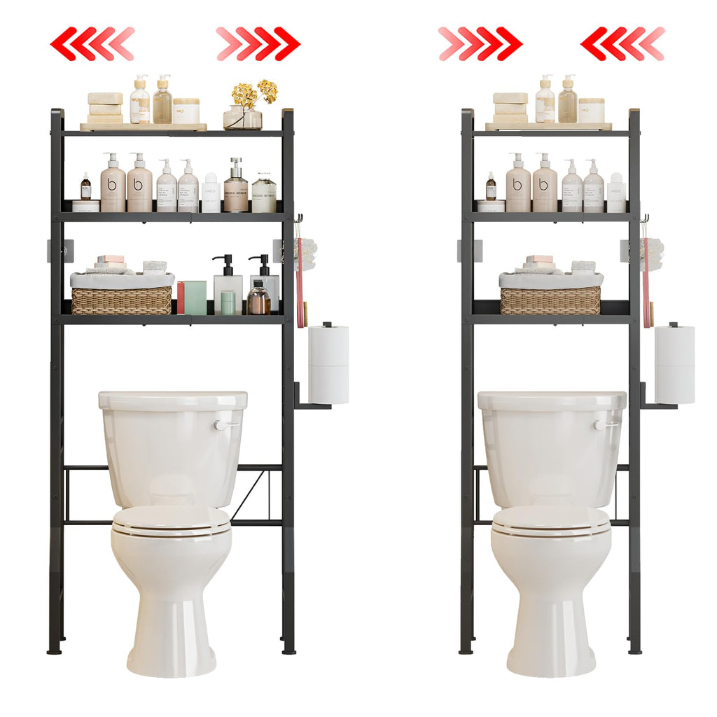 Over the Toilet Storage Shelf 3-Tier Adjustable Bathroom Organizers and Storage Shelves Bathroom Rack Above Toilet Storage with Paper Holder and 4 Hooks Space Saver Storage for Laundry