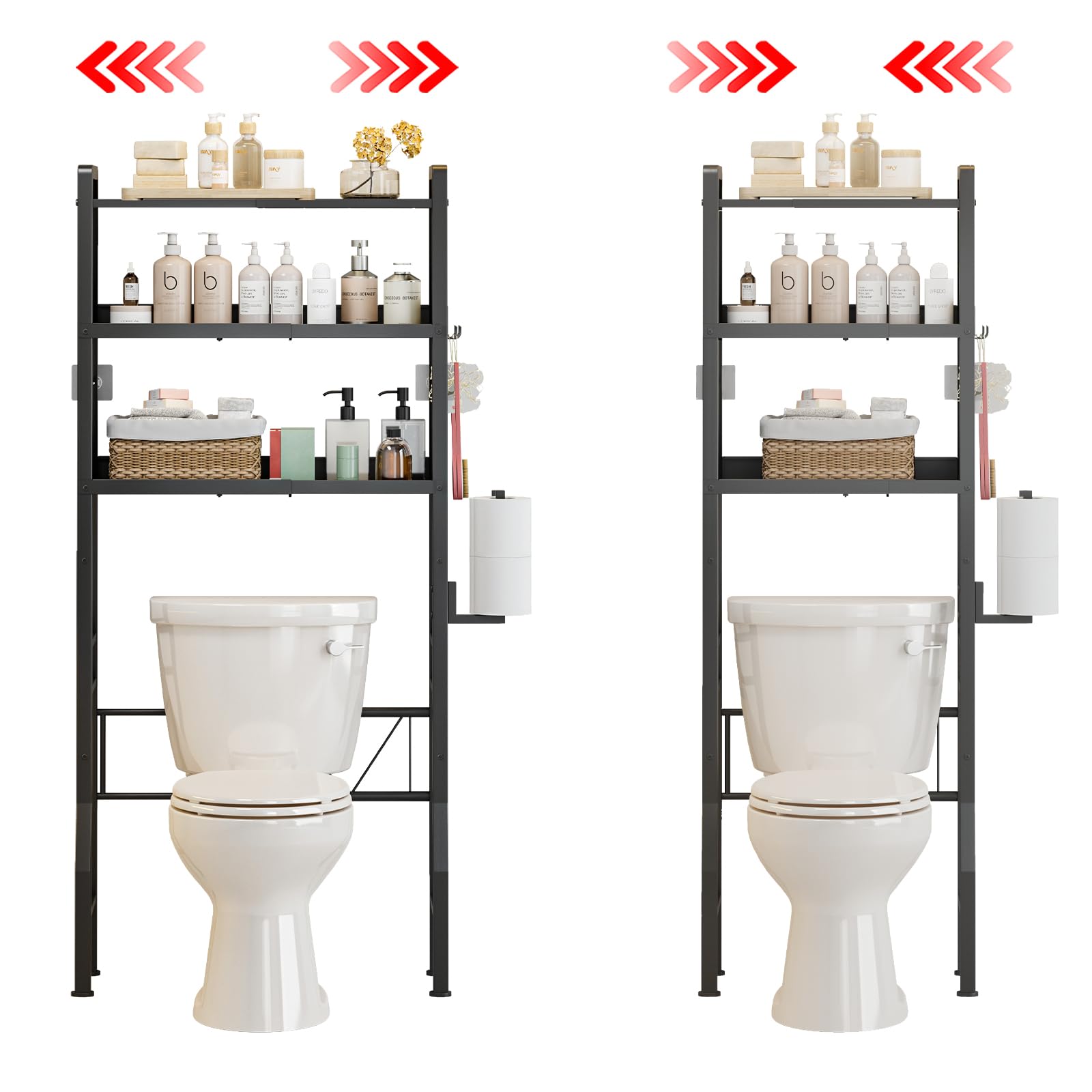 Over the Toilet Storage Shelf 3-Tier Adjustable Bathroom Organizers and Storage Shelves Bathroom Rack Above Toilet Storage with Paper Holder and 4 Hooks Space Saver Storage for Laundry