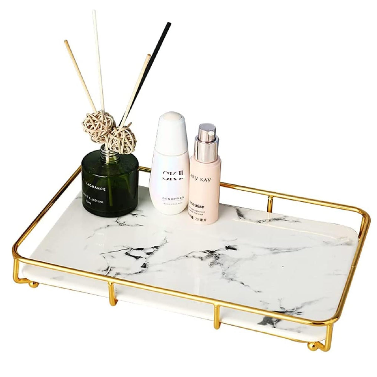 Bathroom Organizer Countertop Perfume Organizer Makeup Organizer Cosmetics Storage Display Rack Vanity Tray Dresser Stainless Steel Gold Shelf White Marble Ceramic Tray