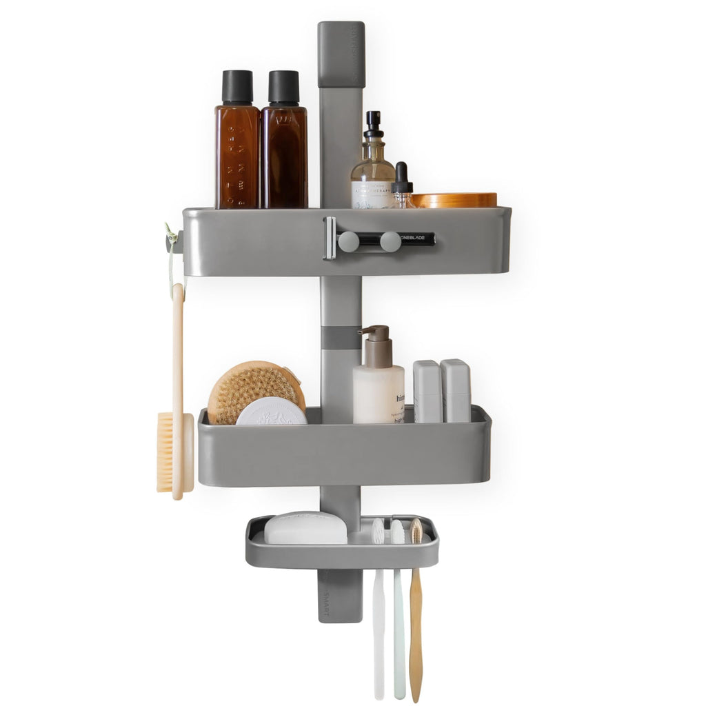 ShowerSMART Shower Caddy, Adjustable Shelves, Magnetic Hooks, Black