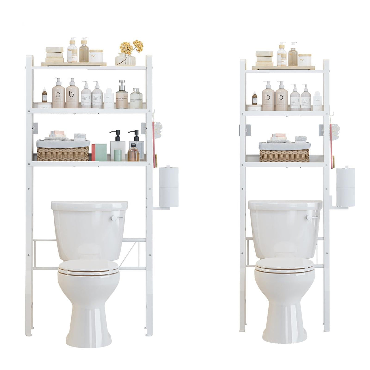 Over the Toilet Storage Shelf 3-Tier Adjustable Bathroom Organizers and Storage Shelves Bathroom Rack Above Toilet Storage with Paper Holder and 4 Hooks Space Saver Storage for Laundry