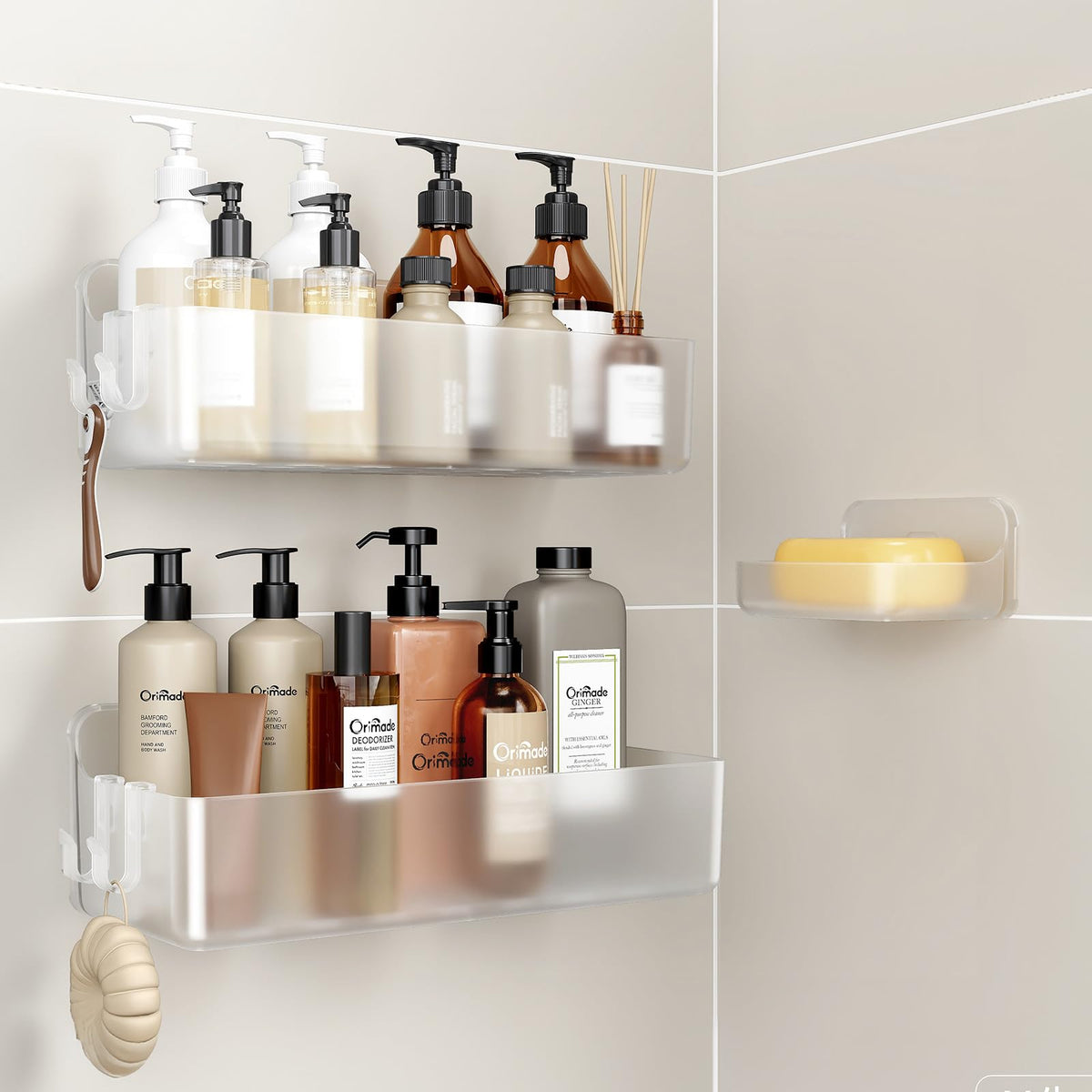 Orimade Shower Caddy 3-Pack, No-Drill Adhesive Shelves with 4 Hooks for Bathroom, Rustproof ABS Plastic Storage Organizer Set, Black