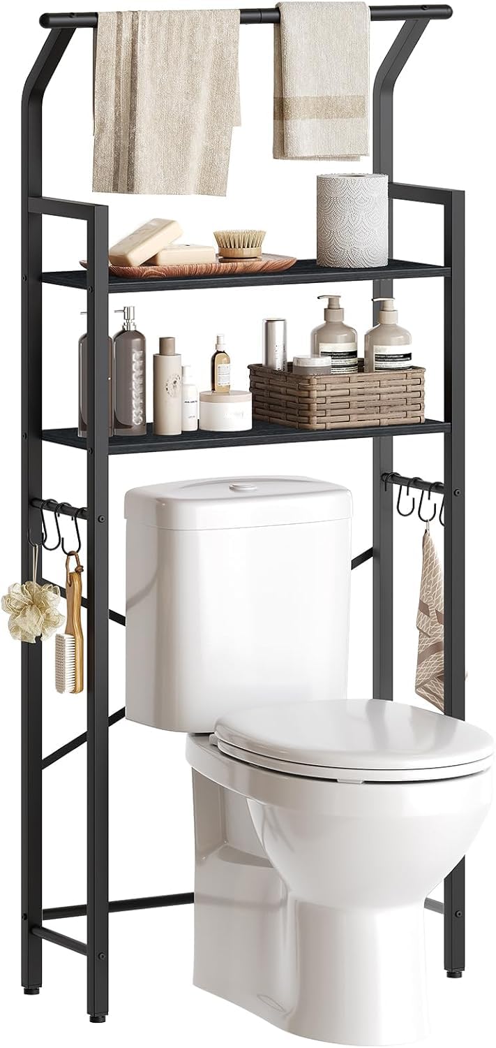 YATINEY 2-Tier Over The Toilet Storage, Multifunctional Vertical Over Toilet Bathroom Organizer, Freestanding Bathroom Storage Shelves with Hooks, Bathroom Organizer, Rustic Brown and Black TR01WT