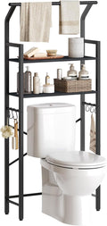 YATINEY 2-Tier Over The Toilet Storage, Multifunctional Vertical Over Toilet Bathroom Organizer, Freestanding Bathroom Storage Shelves with Hooks, Bathroom Organizer, Rustic Brown and Black TR01WT