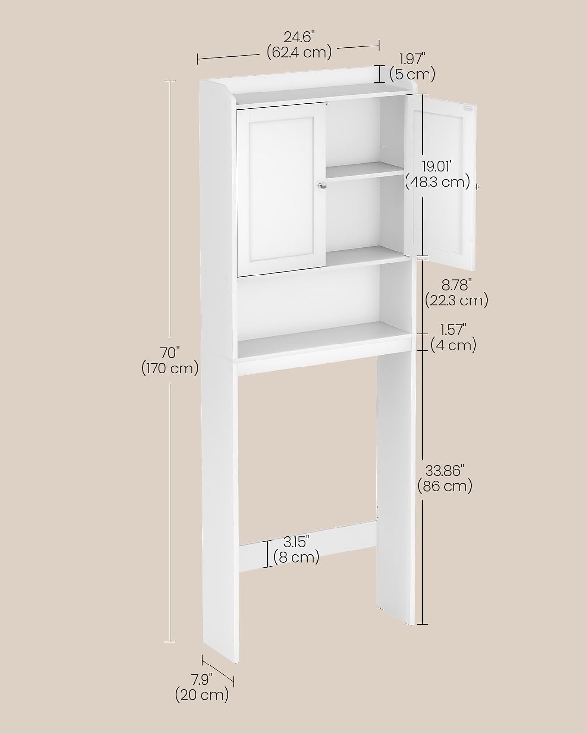VASAGLE Over the Toilet Storage Cabinet, Doors, Adjustable Shelves, 24.6''W