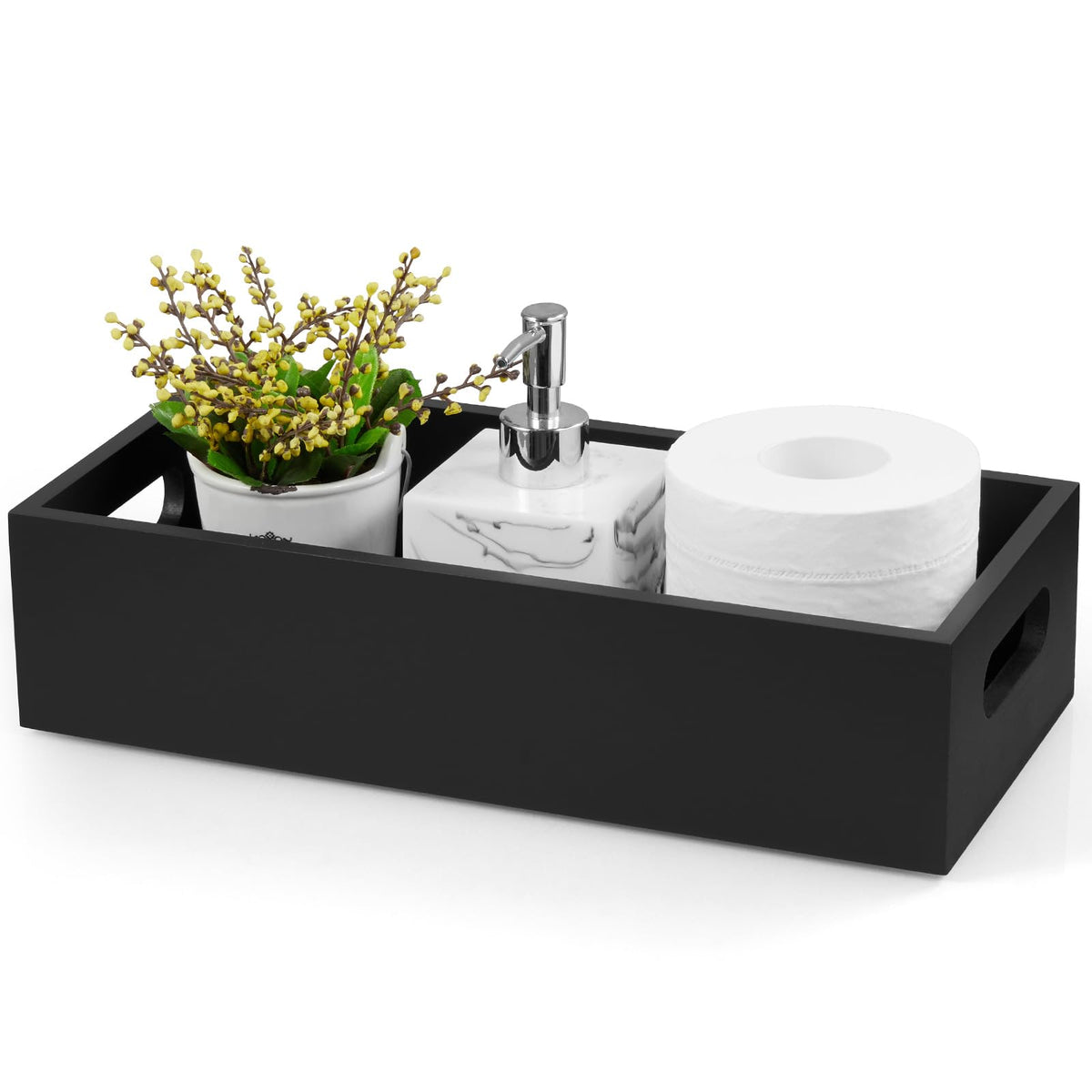 ALELION Black Bathroom Basket - Wooden Toilet Tank Paper Basket with Handle for Organizing - Back of Toilet Storage Organizer for Bathroom Tank Topper Counter - Black Bathroom Decor Box
