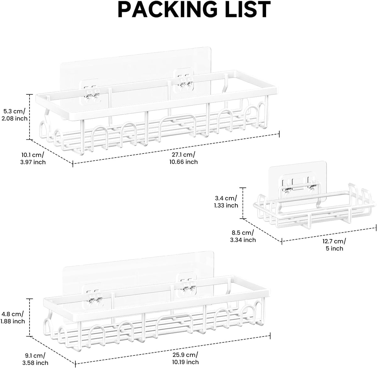 Shower Caddy, 3 Pack Shower Shelves for Inside Bathroom, Rustproof Adhesive Bathroom Organizer with Soap Holder, No Drilling Washroom Organizers and Storage for Bathtub Room, Matte white