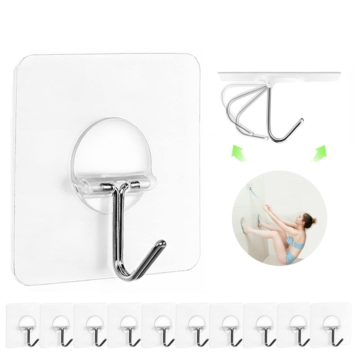 Adhesive Wall Hooks No Drill Clear Heavy Duty, 13LB Sticky 12 Pack
