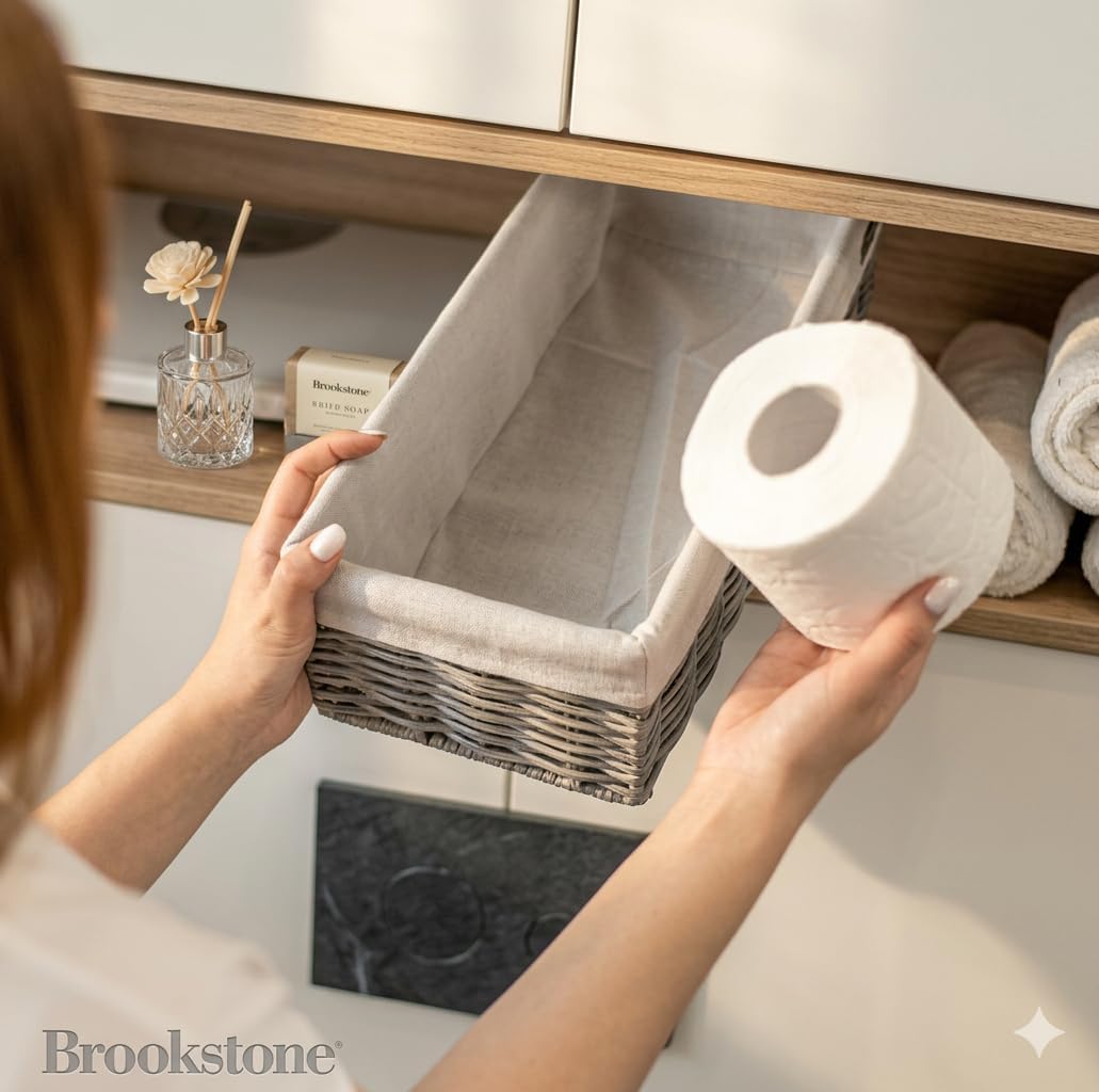 Brookstone Over the Toilet Tank Wicker Storage Basket, Bathroom and Closet Organizers and Storage Bins with Fabric Liner, Grey, 2 Pack Set
