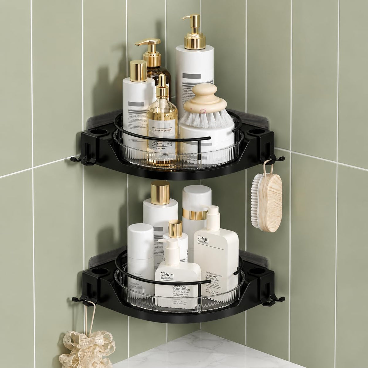 shuang qing 360° Rotating Corner Shower Caddy, 2-Tier Adhesive Shower Organizer Shelf with Removable Clear Trays, No-Drill Bathroom Storage Rack for Shampoo, Body Wash & Shower Essentials,White