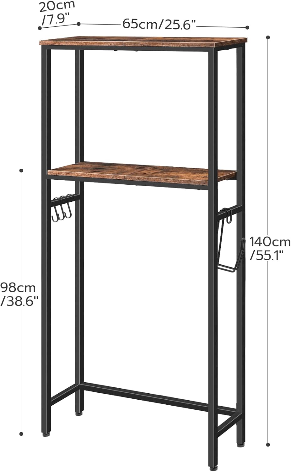 HOOBRO Over The Toilet Storage, 2-Tier freestanding Over the Toilet Storage, Bathroom Organizer Over Toilet with Toilet Paper Holder and Hooks, Space Saver for Room, Rustic Brown and Black BF49TS01