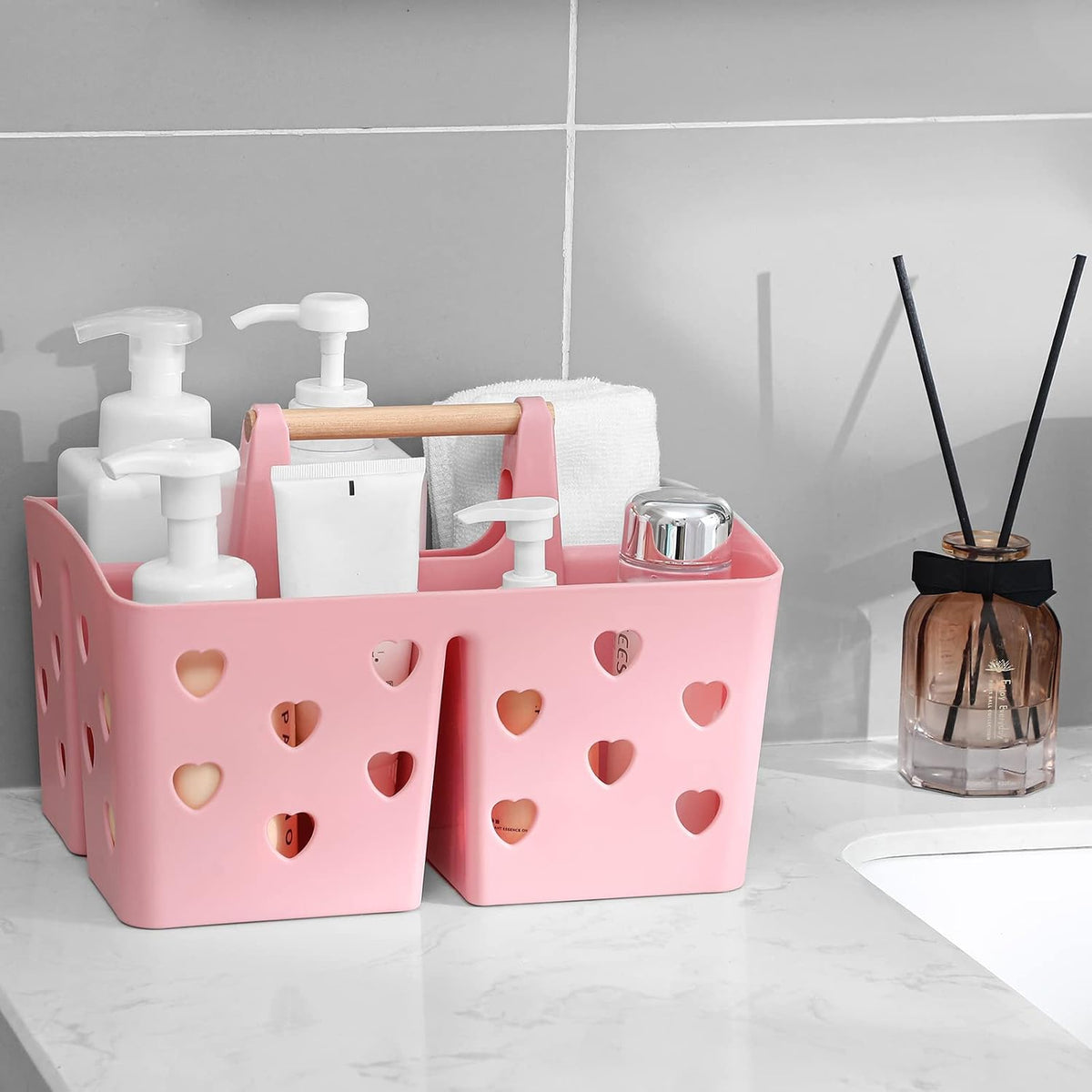 Portable Shower Caddy Plastic Shower Basket Organizer with Handle, Pink