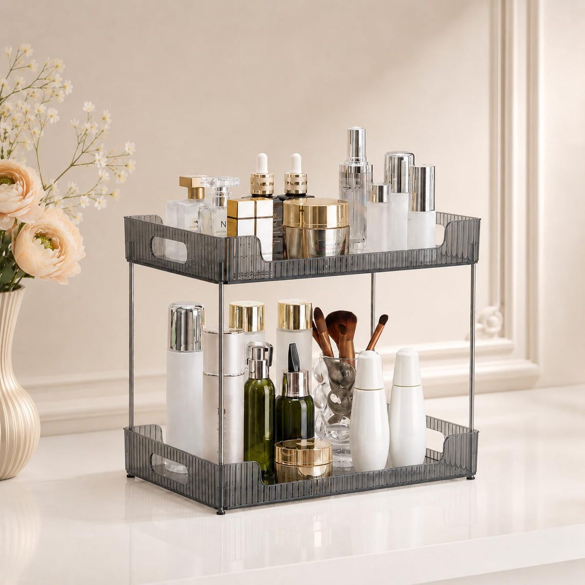 Goderewild 3 Tier Bathroom Counter Organizer, Multi-Purpose Cosmetics Skincare Shelf, Fits A4 Size Makeup Organizer for Office and Vanity Tray, Countertop Storage Solution for Kitchen,Bath.(Clear)