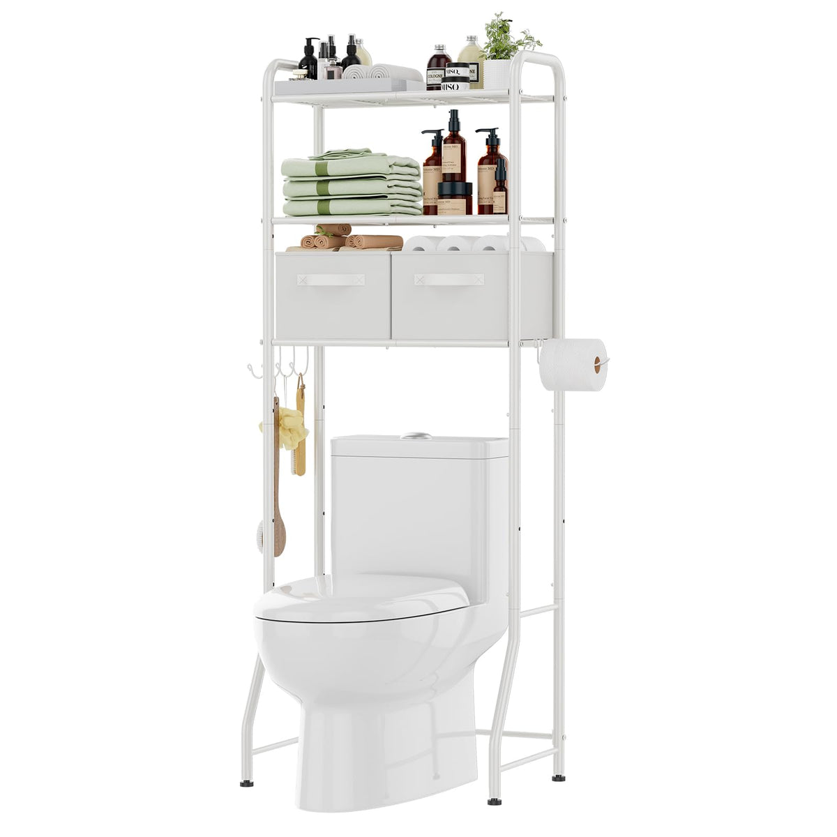 Simple Trending Over The Toilet Storage Cabinet, Metal Bathroom Shelf Organizer with Paper Holder and Hooks, 3 Tier, Black
