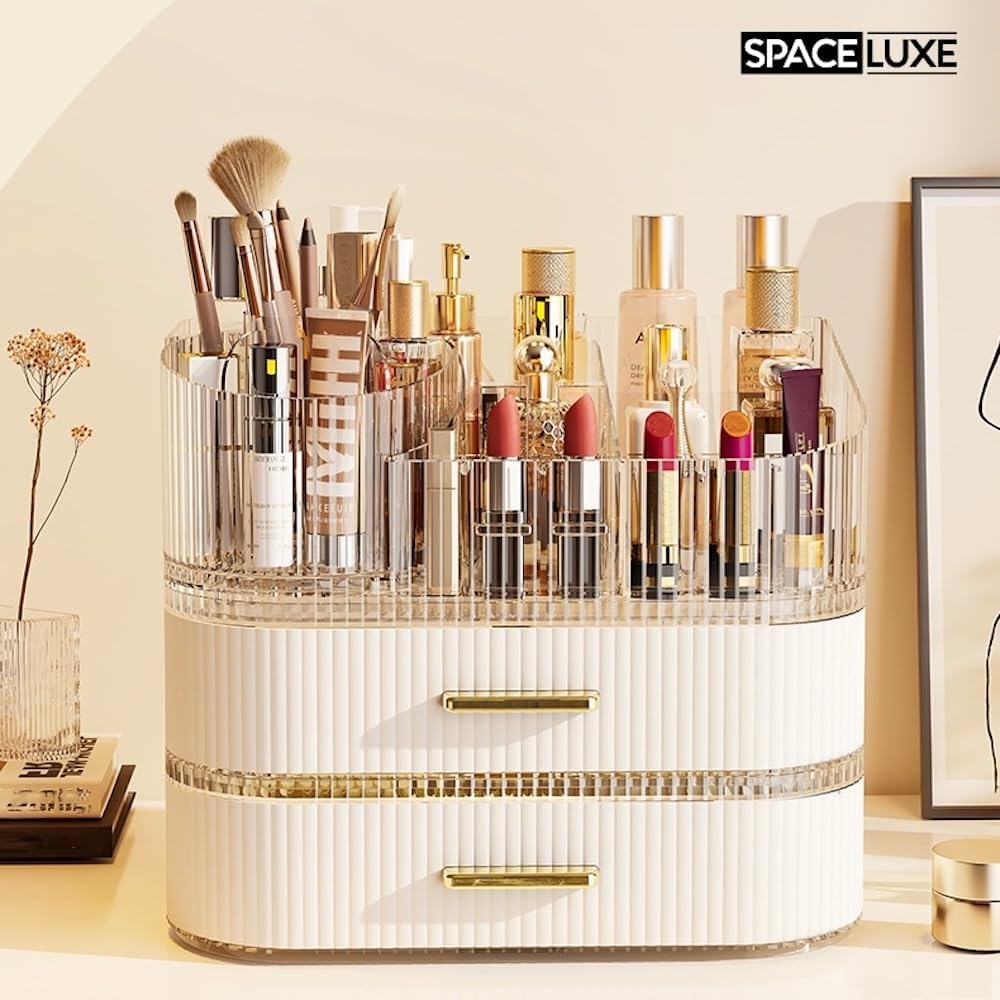 Large Makeup Organizer with Drawers, 360° Rotating Brush Holder