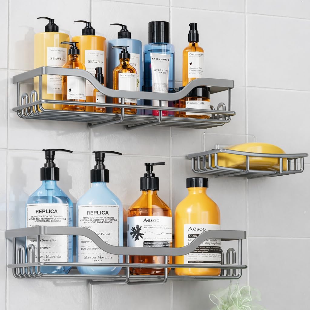 OMAIRA 3-Pack Shower Caddy with Soap Holder, Adhesive Rustproof No-drill Strudy Loading Inside Shower Organizer Shelves Rack Storage Bathroom Organization for Smooth Wall Glass Tile, Black (X-Large)