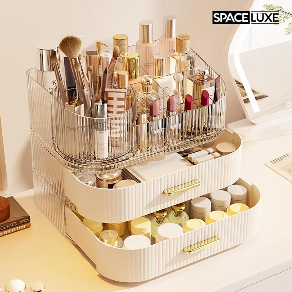 Large Makeup Organizer with Drawers, 360° Rotating Brush Holder