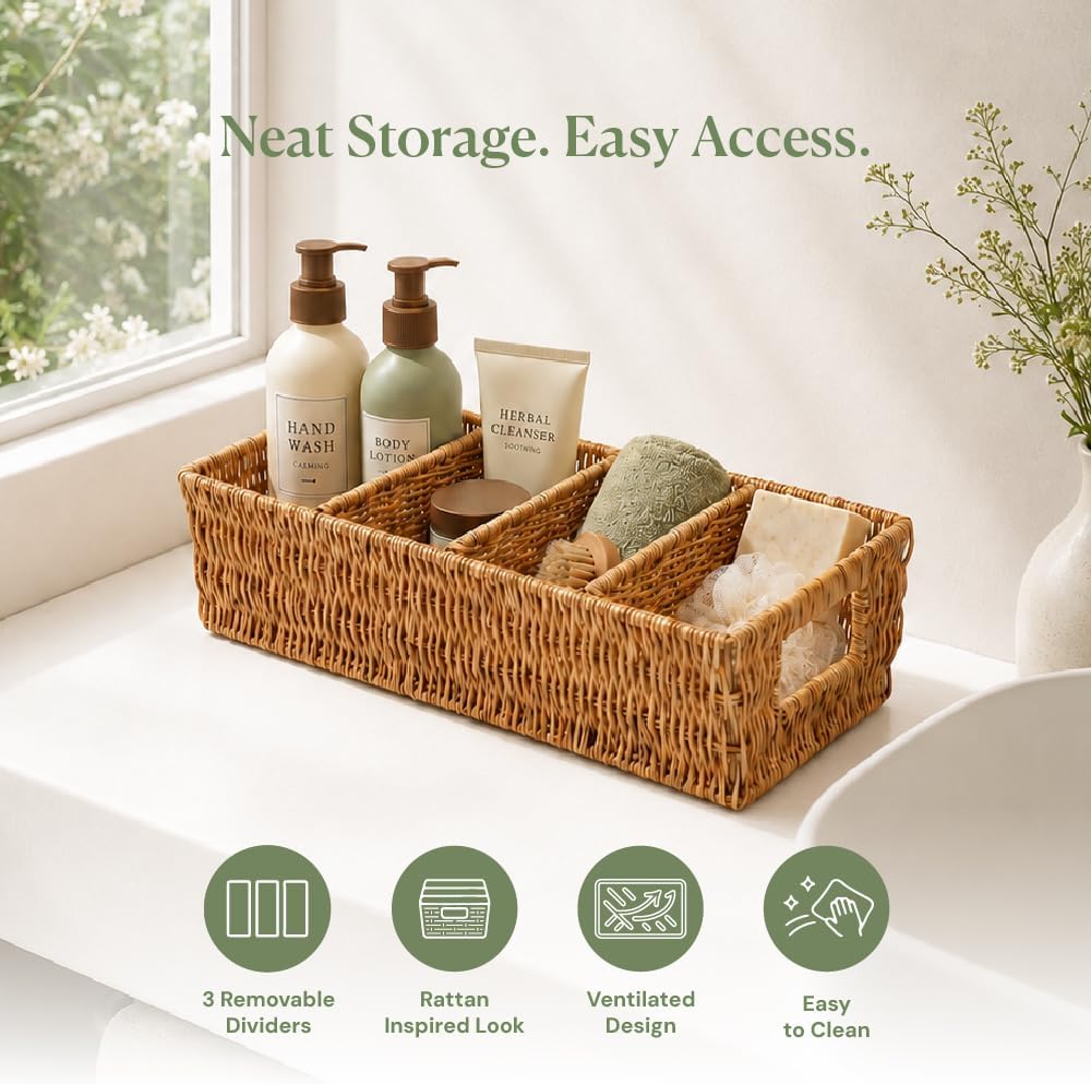 2PCS Rattan Pantry Organizer Baskets with Removable Dividers