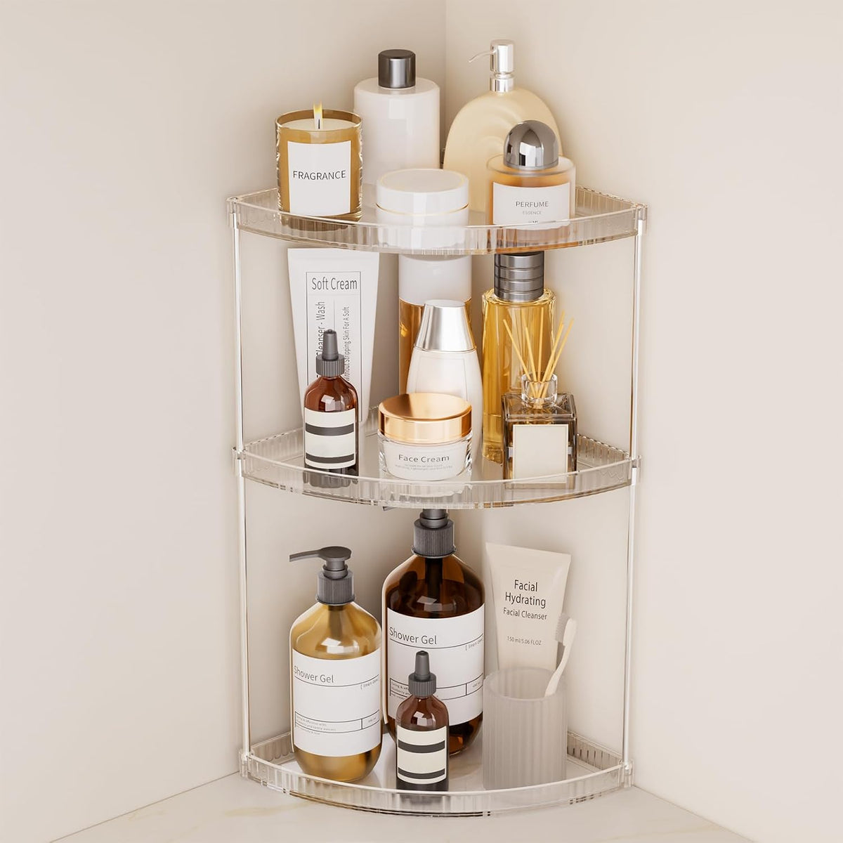 3 Tier Corner Bathroom Counter Organizer, Clear Vanity Makeup Storage Shelf