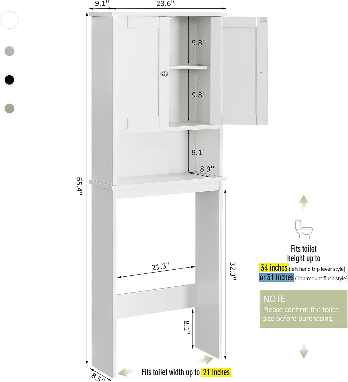 Over the Toilet Storage Cabinet, Bathroom Storage Organizer Over Toilet, Space Saver W/Adjustable Shelf & Open Shelf, White