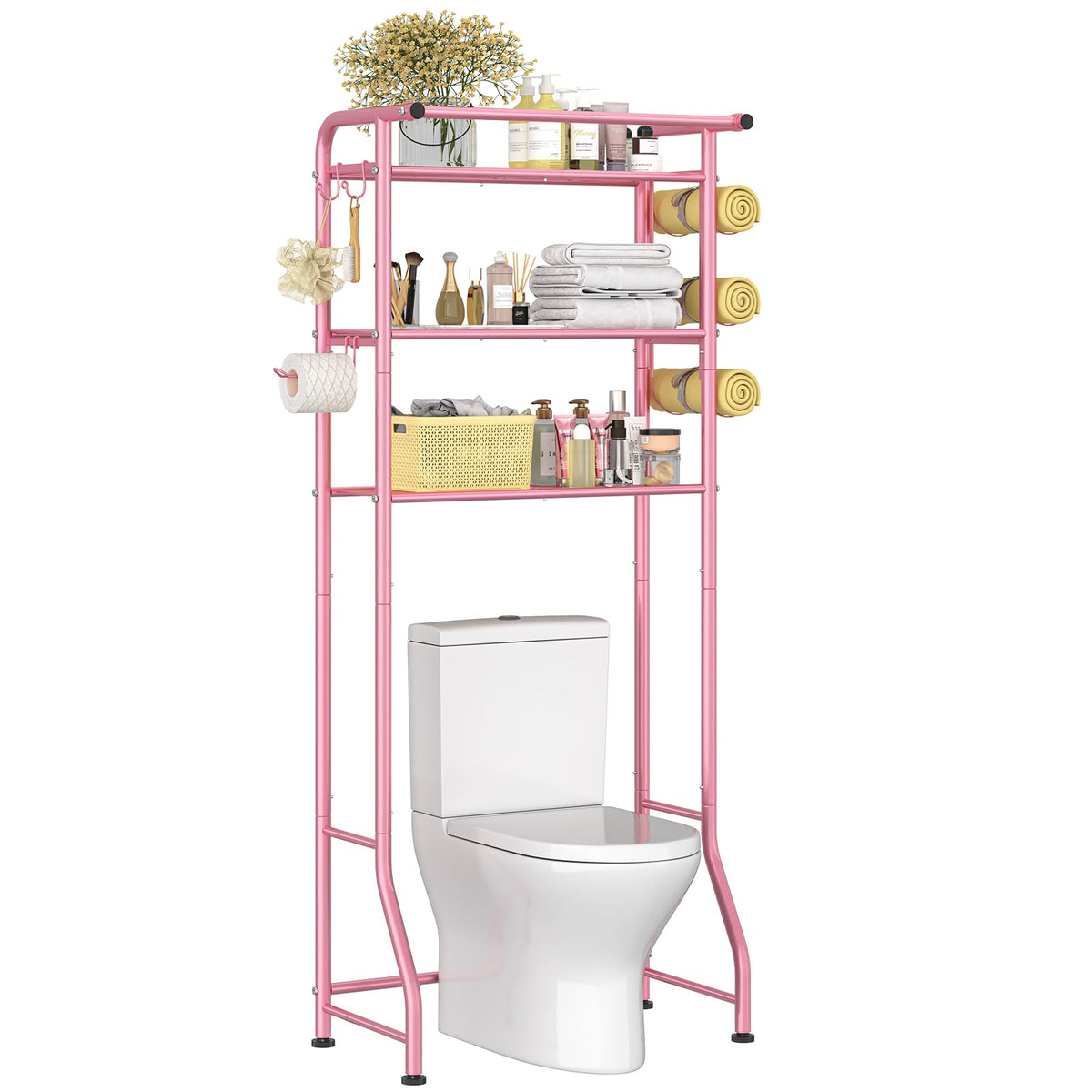 Simple Trending Over The Toilet Storage Cabinet, Metal Bathroom Shelf Organizer with Paper Holder and Hooks, 3 Tier, Black