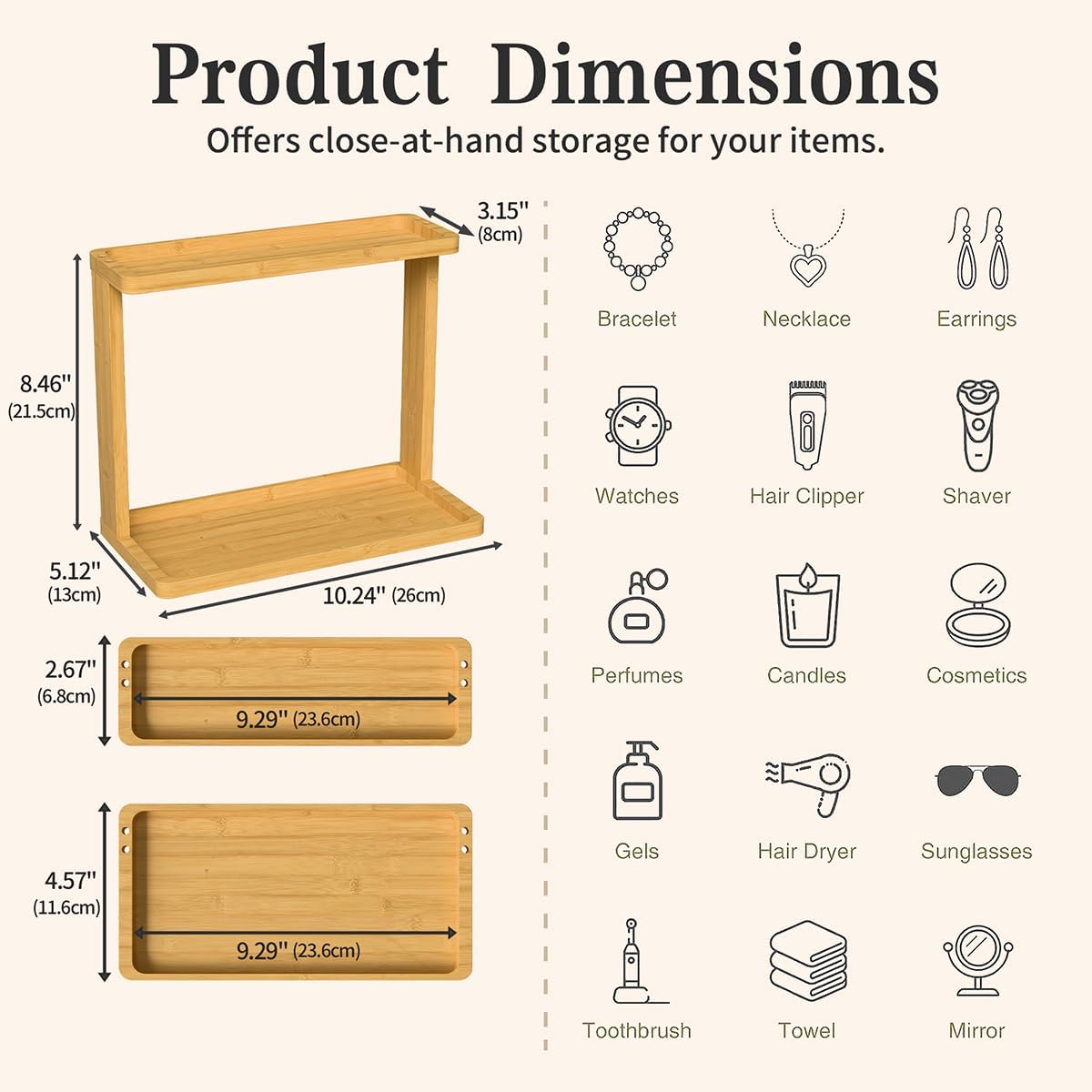 PEKER Bamboo Bathroom Organizer Countertop – Small Vanity Storage Shelf for Makeup, Perfume, Skincare – Natural Cosmetics Display Rack for Dresser, Sink, Kitchen – Natural