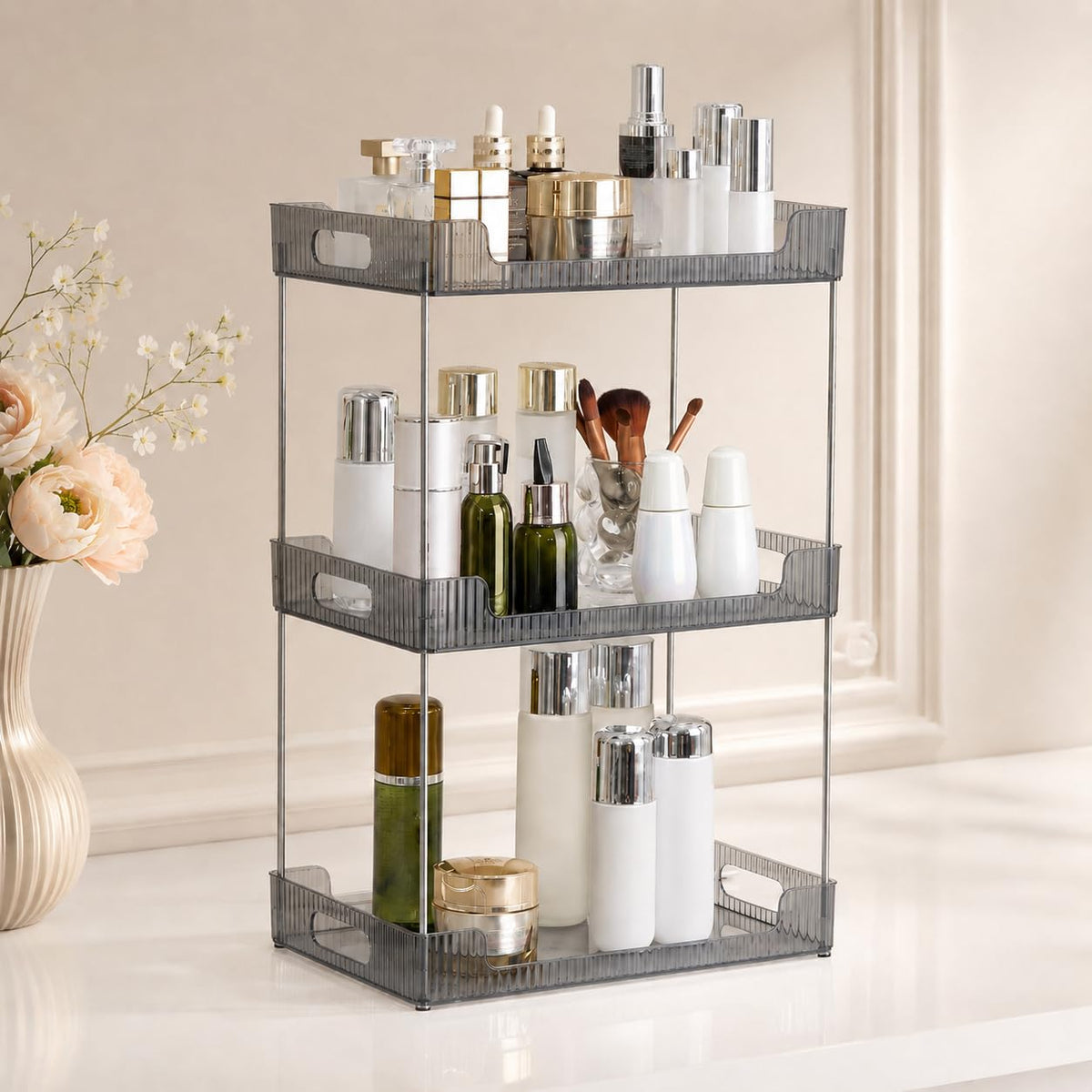 Goderewild 3 Tier Bathroom Counter Organizer, Multi-Purpose Cosmetics Skincare Shelf, Fits A4 Size Makeup Organizer for Office and Vanity Tray, Countertop Storage Solution for Kitchen,Bath.(Clear)