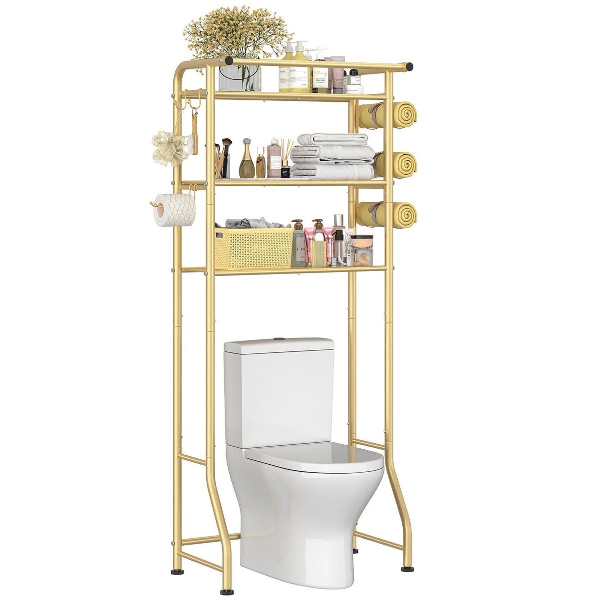 Simple Trending Over The Toilet Storage Cabinet, Metal Bathroom Shelf Organizer with Paper Holder and Hooks, 3 Tier, Black