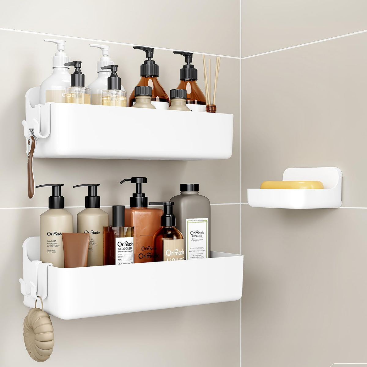 Orimade Shower Caddy 3-Pack, No-Drill Adhesive Shelves with 4 Hooks for Bathroom, Rustproof ABS Plastic Storage Organizer Set, Black