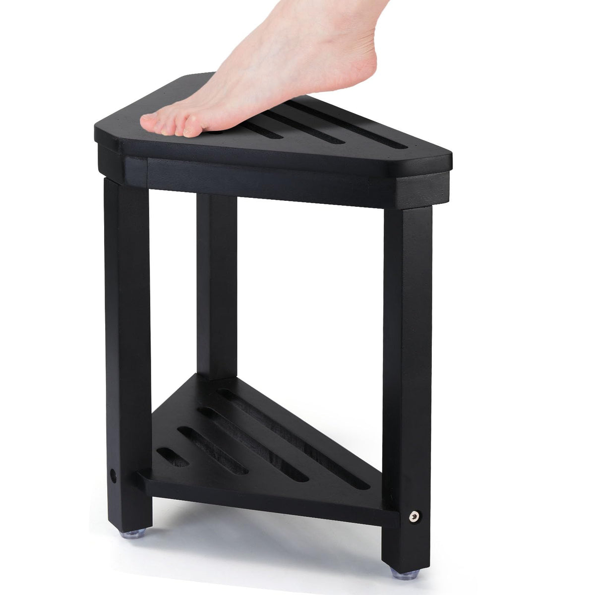 Boulphia Shower Foot Rest 14in, Acacia Wood Shower Stool for Shaving Legs, Waterproof Corner Shower Stool with Storage Shelf for Inside Small Shower Spaces, Wood Color